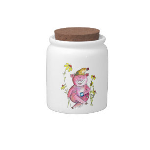 Cute Whimsical Pig Drinking Coffee Candy Jar