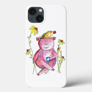 Cute Whimsical Pig Drinking Coffee iPhone 13 Case