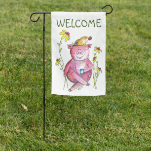 Cute Whimsical Pig Drinking Coffee Garden Flag