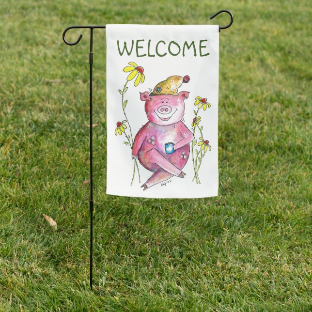 Cute Whimsical Pig Drinking Coffee Garden Flag (In SItu)