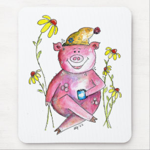 Cute Whimsical Pig Drinking Coffee Mouse Pad