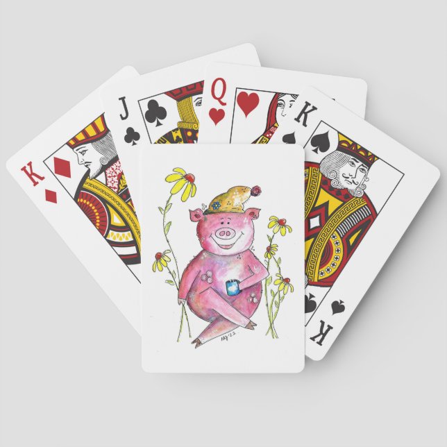 Cute Whimsical Pig Drinking Coffee Poker Cards (Back)