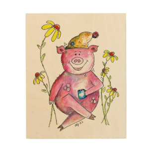 Cute Whimsical Pig Drinking Coffee Wood Wall Art