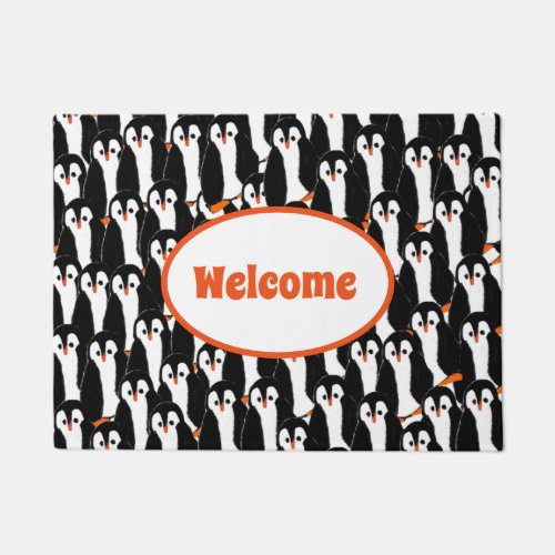 Cute Whimsical Piles of Penguins Welcome Doormat