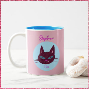 Cute Whimsical Pink and Blue Purring Cat Two-Tone Coffee Mug