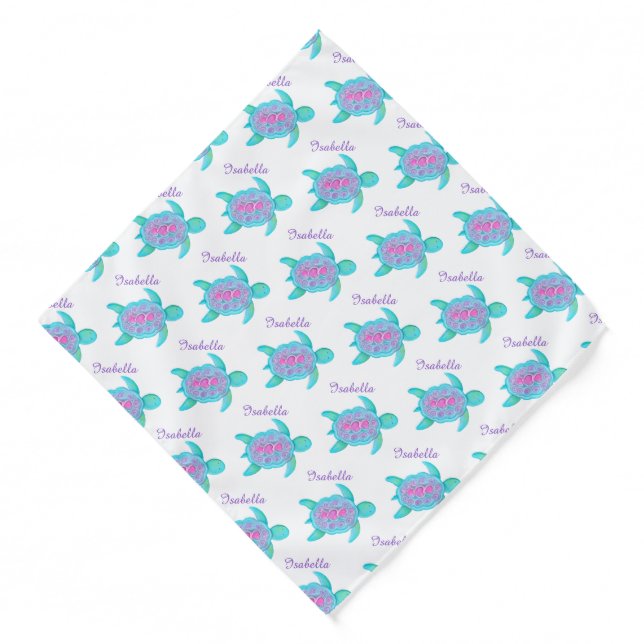 Cute whimsical pink aqua heart turtle custom name bandana (Front)