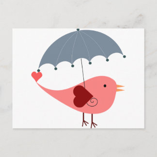 Cute whimsical pink bird holding umbrella postcard