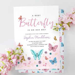 Cute Whimsical Pink Butterfly Girls Baby Shower Invitation