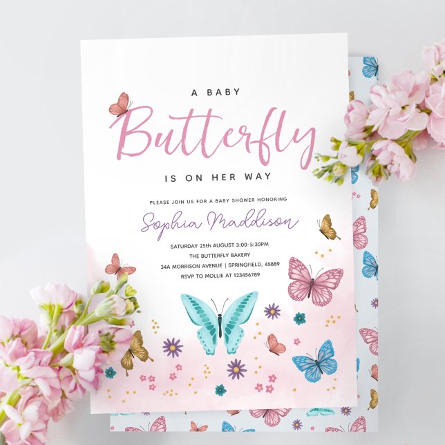 Cute Whimsical Pink Butterfly Girls Baby Shower Invitation (Creator Uploaded)