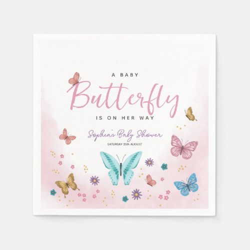 Cute Whimsical Pink Butterfly Girls Baby Shower Napkins
