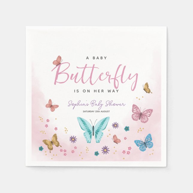 Cute Whimsical Pink Butterfly Girls Baby Shower Napkins (Front)