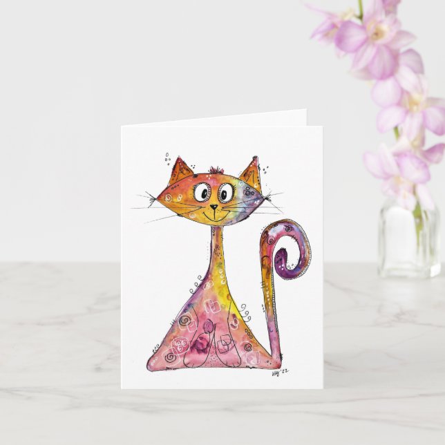 Cute Whimsical Pink Cat Card (Orchid)