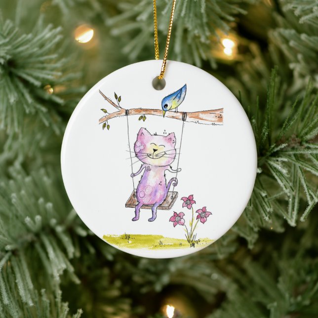 Cute Whimsical Pink Cat on Swing Ceramic Ornament (Tree)