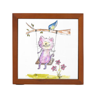 Cute Whimsical Pink Cat on Swing Desk Organizer