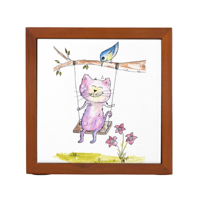 Cute Whimsical Pink Cat on Swing Desk Organizer (Front)