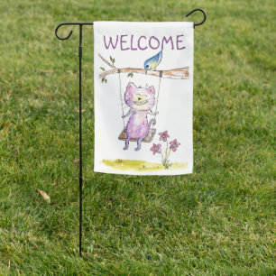 Cute Whimsical Pink Cat on Swing Garden Flag
