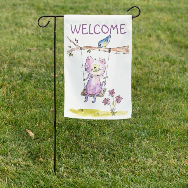 Cute Whimsical Pink Cat on Swing Garden Flag (In SItu)
