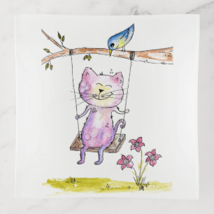 Cute Whimsical Pink Cat on Swing Trinket Tray