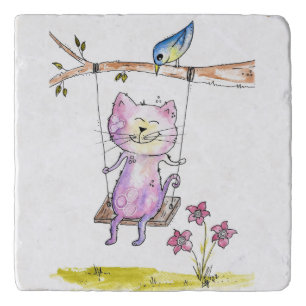 Cute Whimsical Pink Cat on Swing Trivet