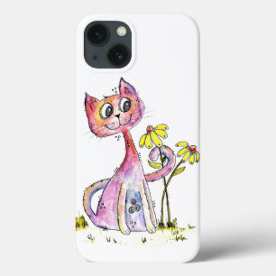 Cute Whimsical Pink Cat with Yellow Flowers iPhone 13 Case