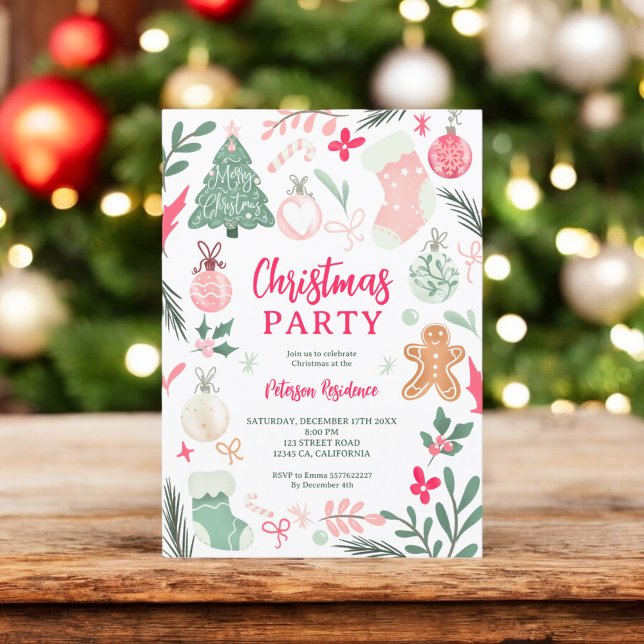 Cute Whimsical Pink Christmas party illustrations Invitation (Cute Whimsical Pink Christmas party illustrations Invitation)