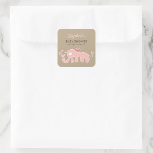 Cute Whimsical Pink Elephant Love Girl Baby Shower Square Sticker