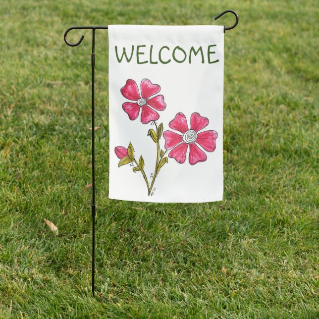Cute Whimsical Pink Flowers Garden Flag (In SItu)