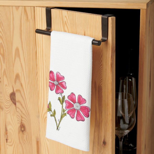 Cute Whimsical Pink Flowers Kitchen Towel (Thirds Fold)