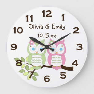 Cute Whimsical Pink Green Owl Twins Wall Clock