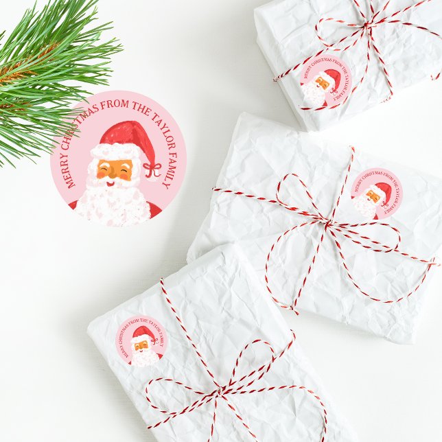 Cute Whimsical Pink Red Merry Christmas Santa Classic Round Sticker (cute hand drawn santa on the pink background)