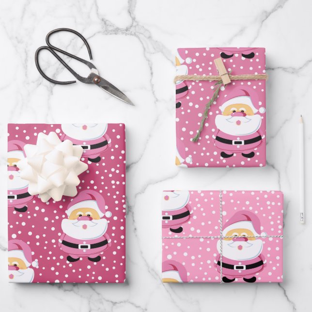 Cute whimsical Pink Santa Claus Christmas holiday Wrapping Paper Sheets (Front)