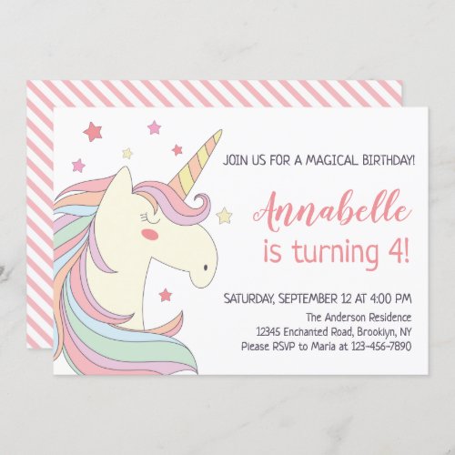 Cute Whimsical Pink Unicorn Stars Girl Birthday Invitation