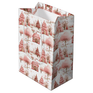 Cute Whimsical Pink Winter Wonderland Christmas Medium Gift Bag