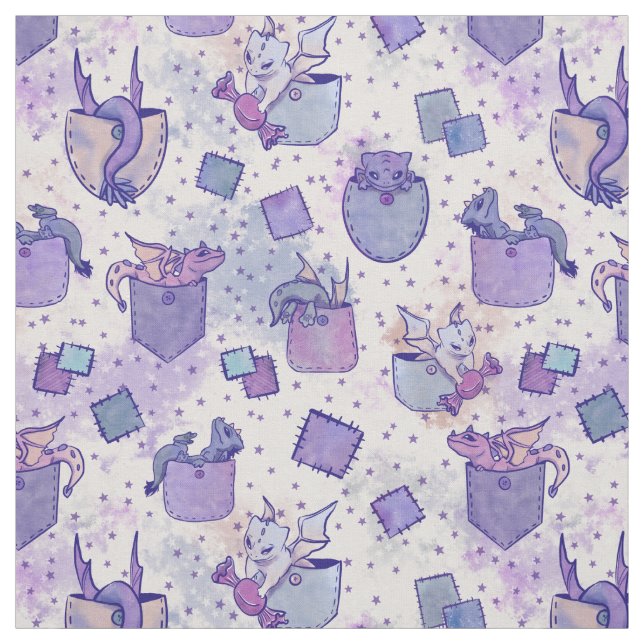 Cute Whimsical Pocket Dragons in Purple Fabric (Swatch)