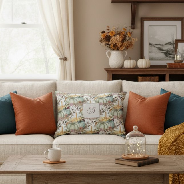 Cute Whimsical Pumpkins And Flowers Monogram Accent Pillow (Creator Uploaded)