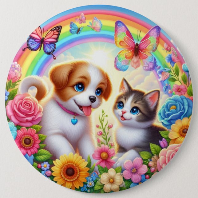 Cute/whimsical puppy/kitten rainbow button (Front)