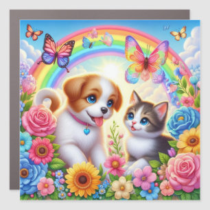 Cute/whimsical puppy/kitten rainbow car magnet