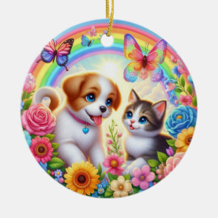 Cute/whimsical puppy/kitten rainbow ceramic ornament