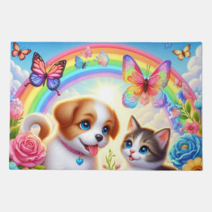 Cute/whimsical puppy/kitten rainbow doormat