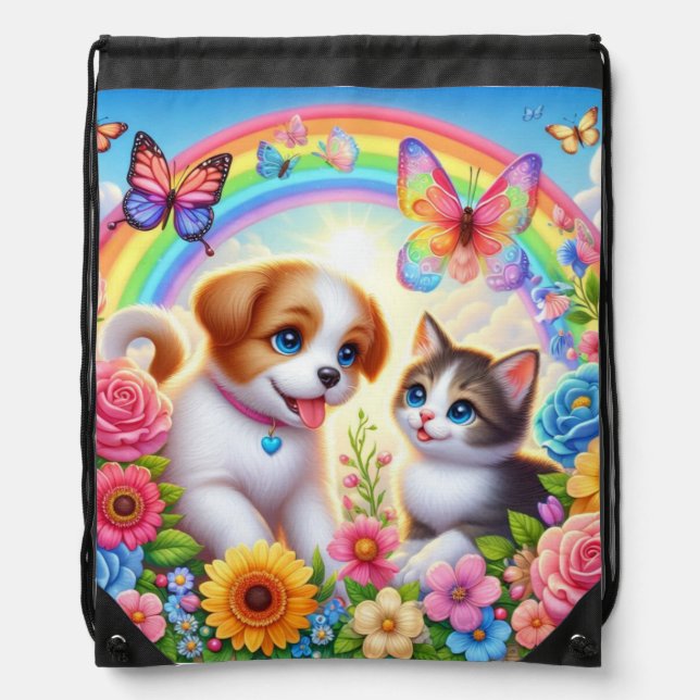 Cute/whimsical puppy/kitten rainbow drawstring bag (Front)