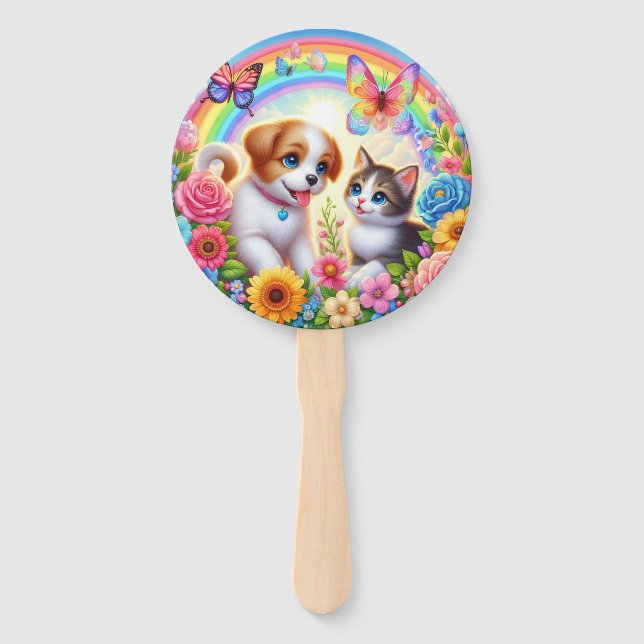 Cute/whimsical puppy/kitten rainbow hand fan (Front)