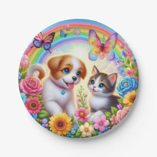 Cute/whimsical puppy/kitten rainbow paper plates