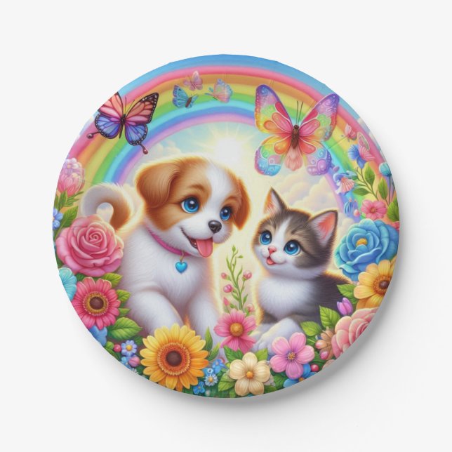 Cute/whimsical puppy/kitten rainbow paper plates (Front)