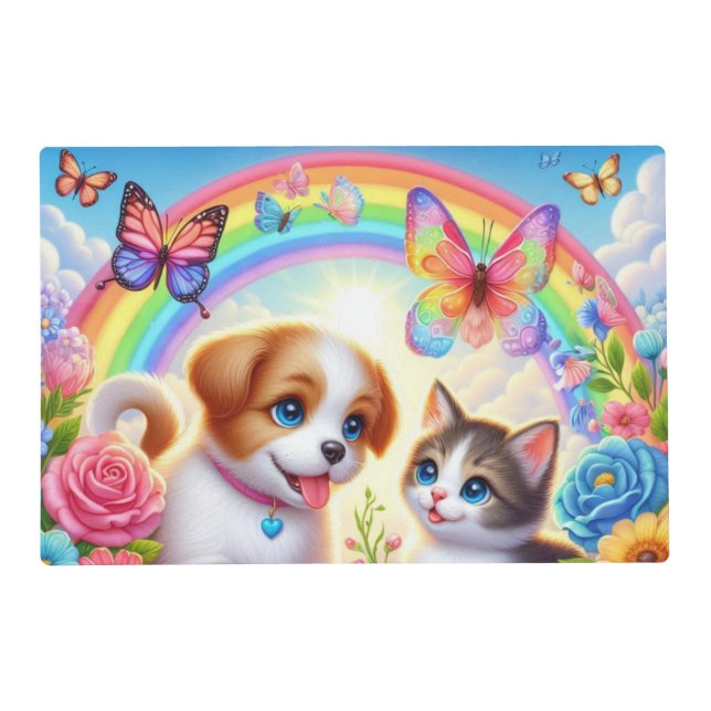 Cute/whimsical puppy/kitten rainbow placemat (Front)