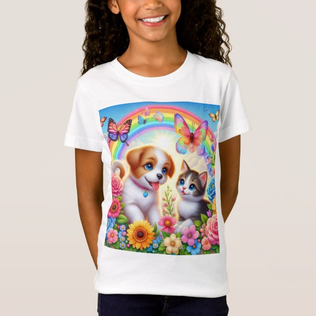 Cute/whimsical puppy/kitten rainbow T-Shirt (Front)