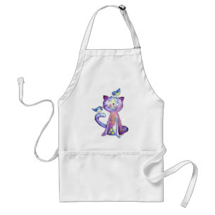 Cute Whimsical Purple Cat with Birds Adult Apron