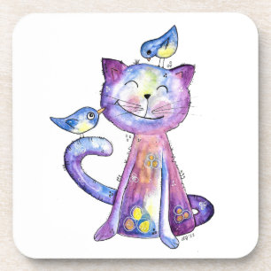 Cute Whimsical Purple Cat with Birds Beverage Coaster