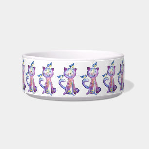 Cute Whimsical Purple Cat with Birds Bowl