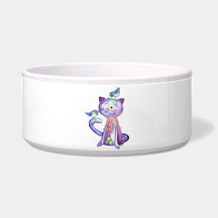 Cute Whimsical Purple Cat with Birds Bowl