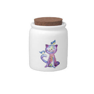 Cute Whimsical Purple Cat with Birds Candy Jar